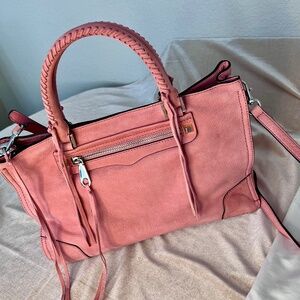 Rebecca Minkoff Regan Satchel, pink suede in the color Guava